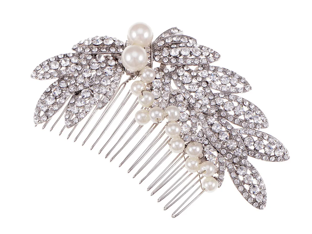 Pearl Silver Leaves Bridal Hair Comb sold by Anna-Kaci