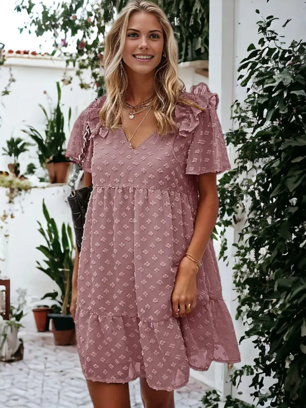 Ruffle Shoulder Textured Floral Dress sold by Anna-Kaci