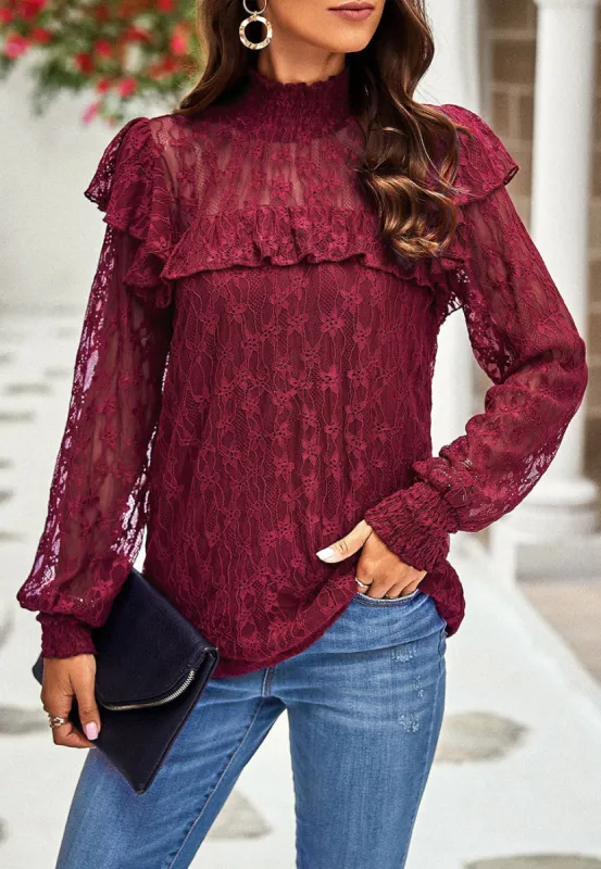 Shirred Neck Ruffle Lace Blouse sold by Anna-Kaci