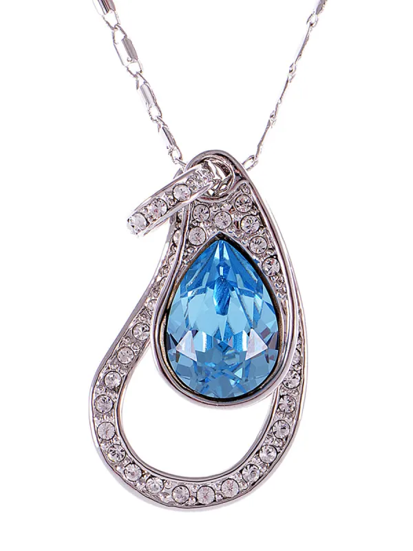 Swarovski Crystal Antique Ocean Blue Topaz Frozen Teardrop Dangling Gem Silver Pendant Necklace sold by Anna-Kaci