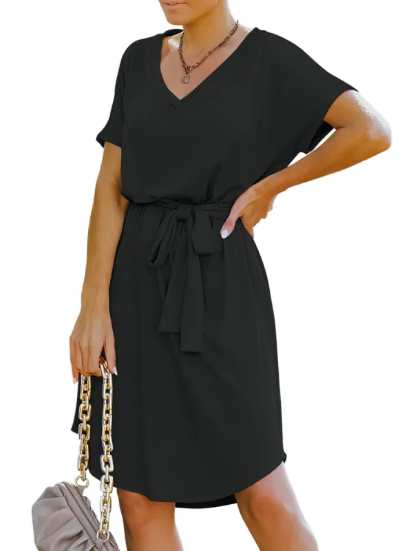 Anna-Kaci Women's Summer V-Neck Solid Short Sleeve T Shirt Dress Casual Tie Waist Skirt sold by Anna-Kaci