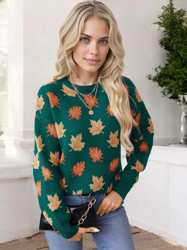Anna-Kaci Women's Autumn Leaf Print Crew Neck Knit Sweater with Ribbed Cuffs sold by Anna-Kaci