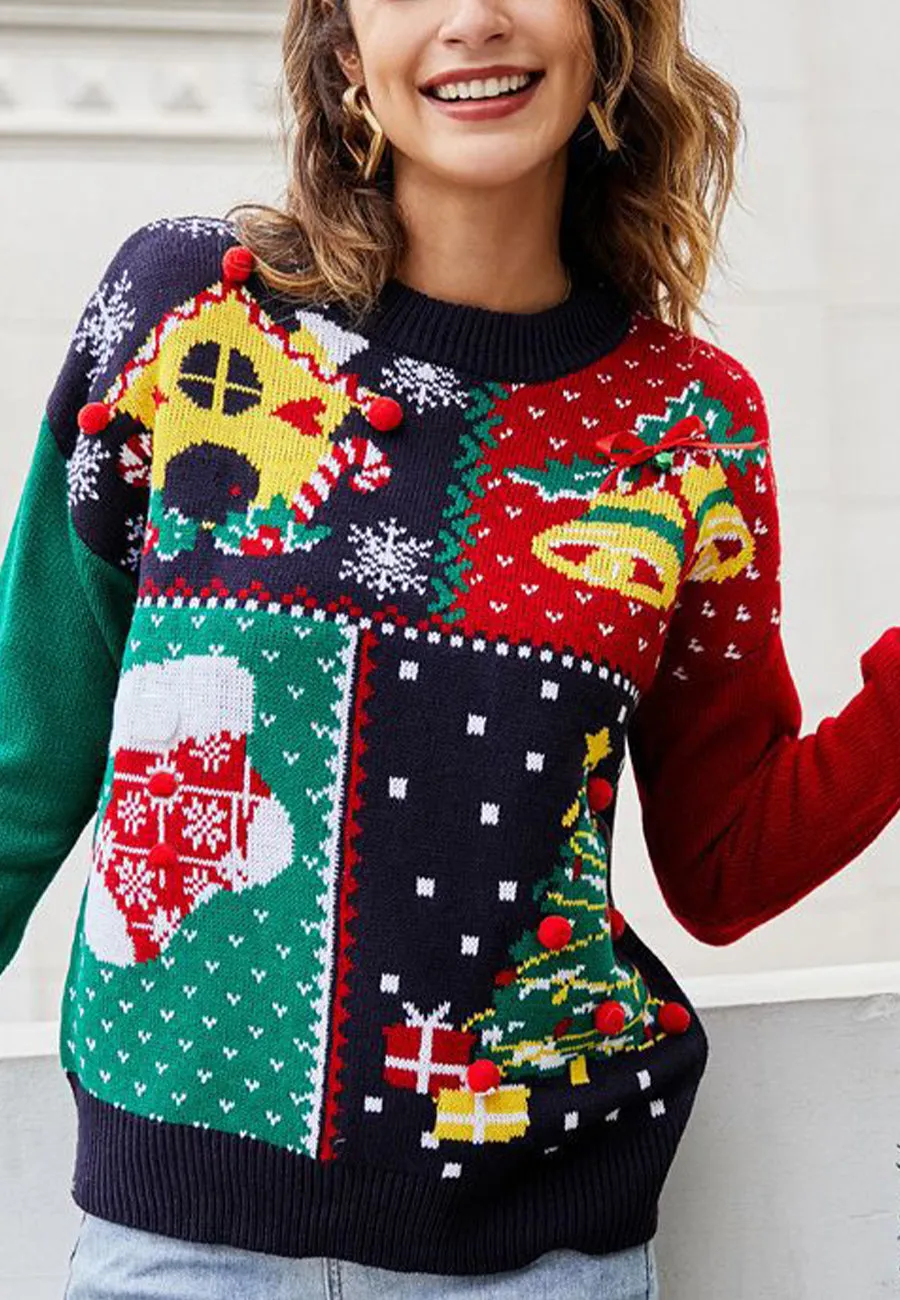 Color Block Drop Shoulder Christmas Sweater sold by Anna-Kaci