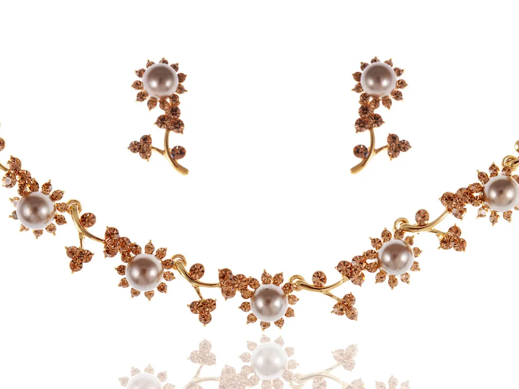 Swarovski Crystal Black Pearl Flower Floral Vine Topaz Necklace Earring Set sold by Anna-Kaci