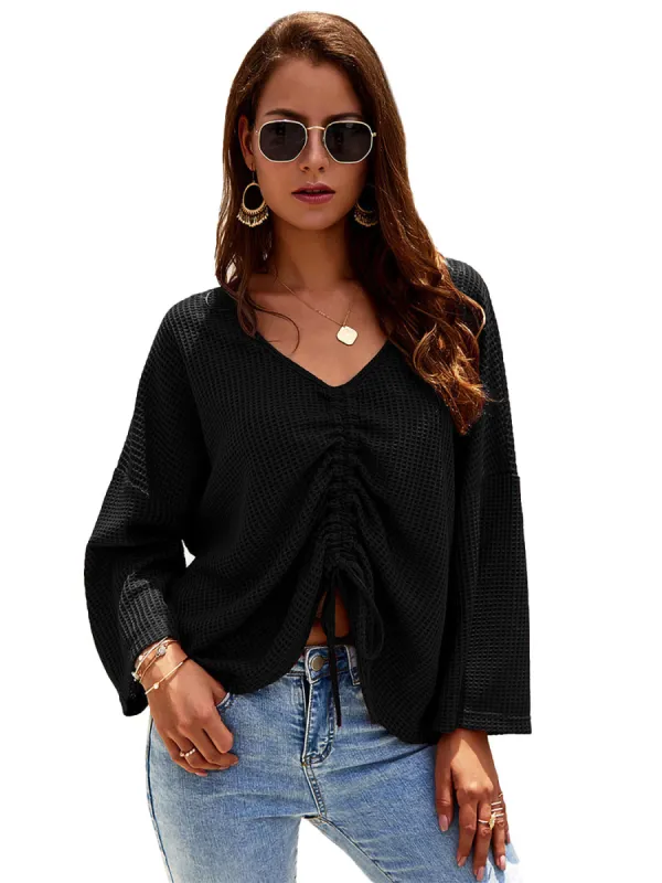 Waffle-Knit Ruched Sleeve Top sold by Anna-Kaci