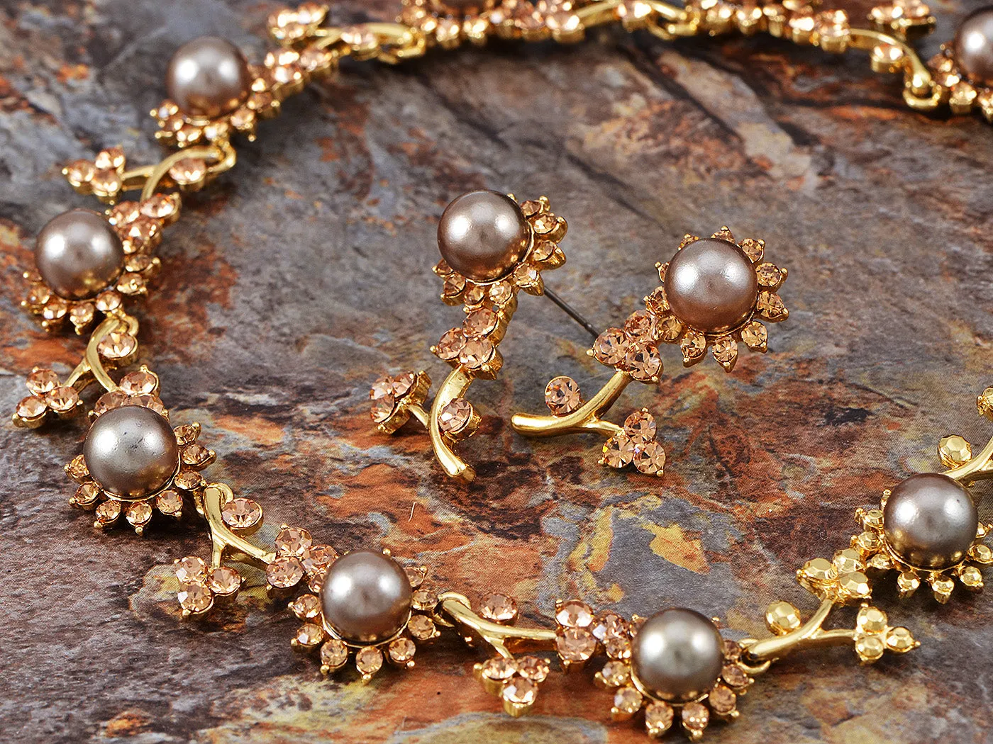 Swarovski Crystal Black Pearl Flower Floral Vine Topaz Necklace Earring Set sold by Anna-Kaci product image thumbnail 2