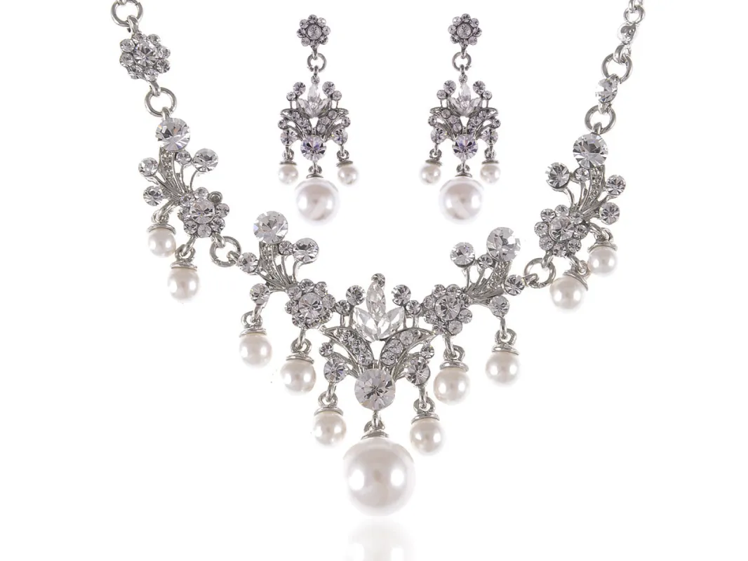 Bridal Wedding Silver Flower Pearl Necklace Earring Jewerly Set sold by Anna-Kaci