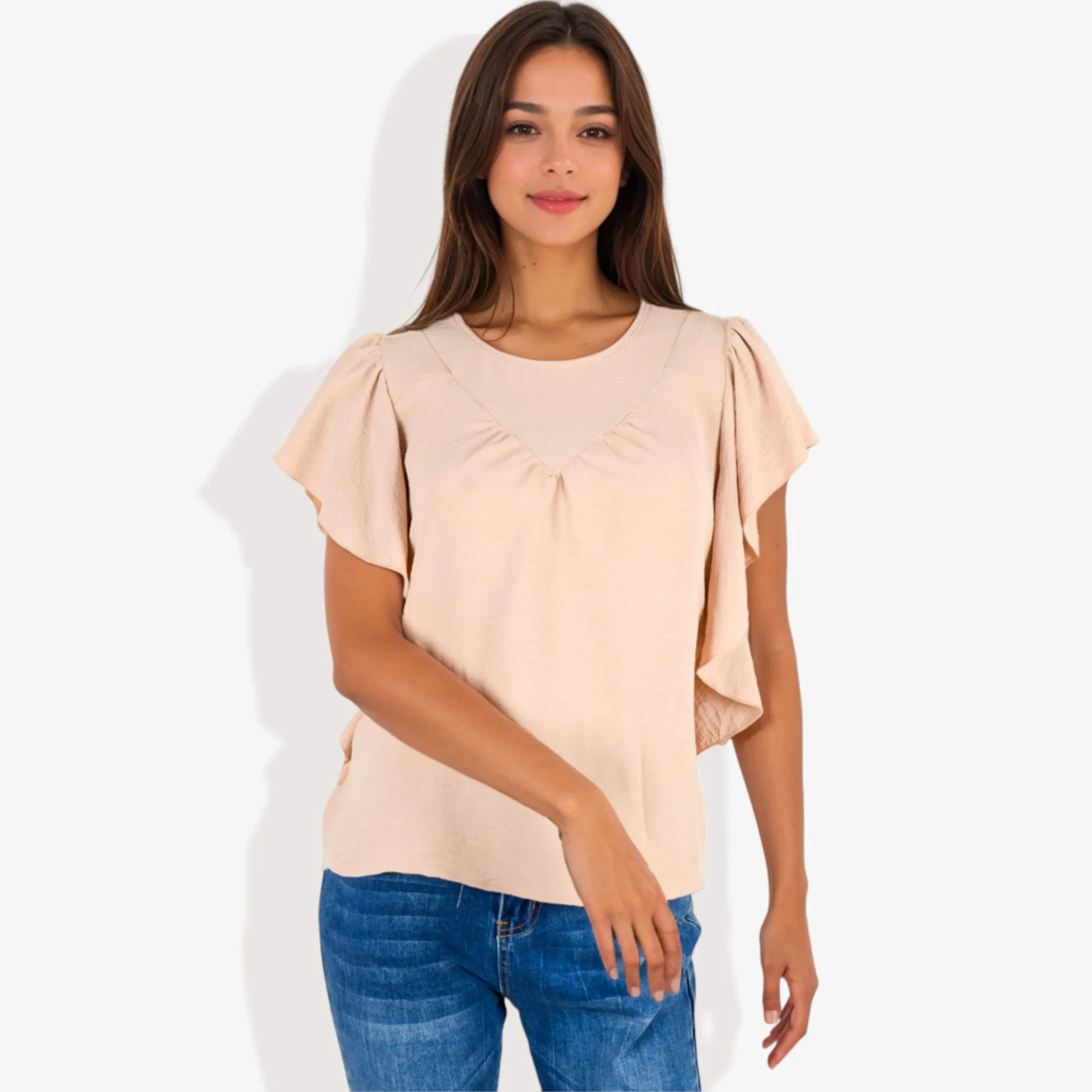 Women's Short Sleeve Pleated Front Blouse with Ruffle Sleeves sold by Anna-Kaci