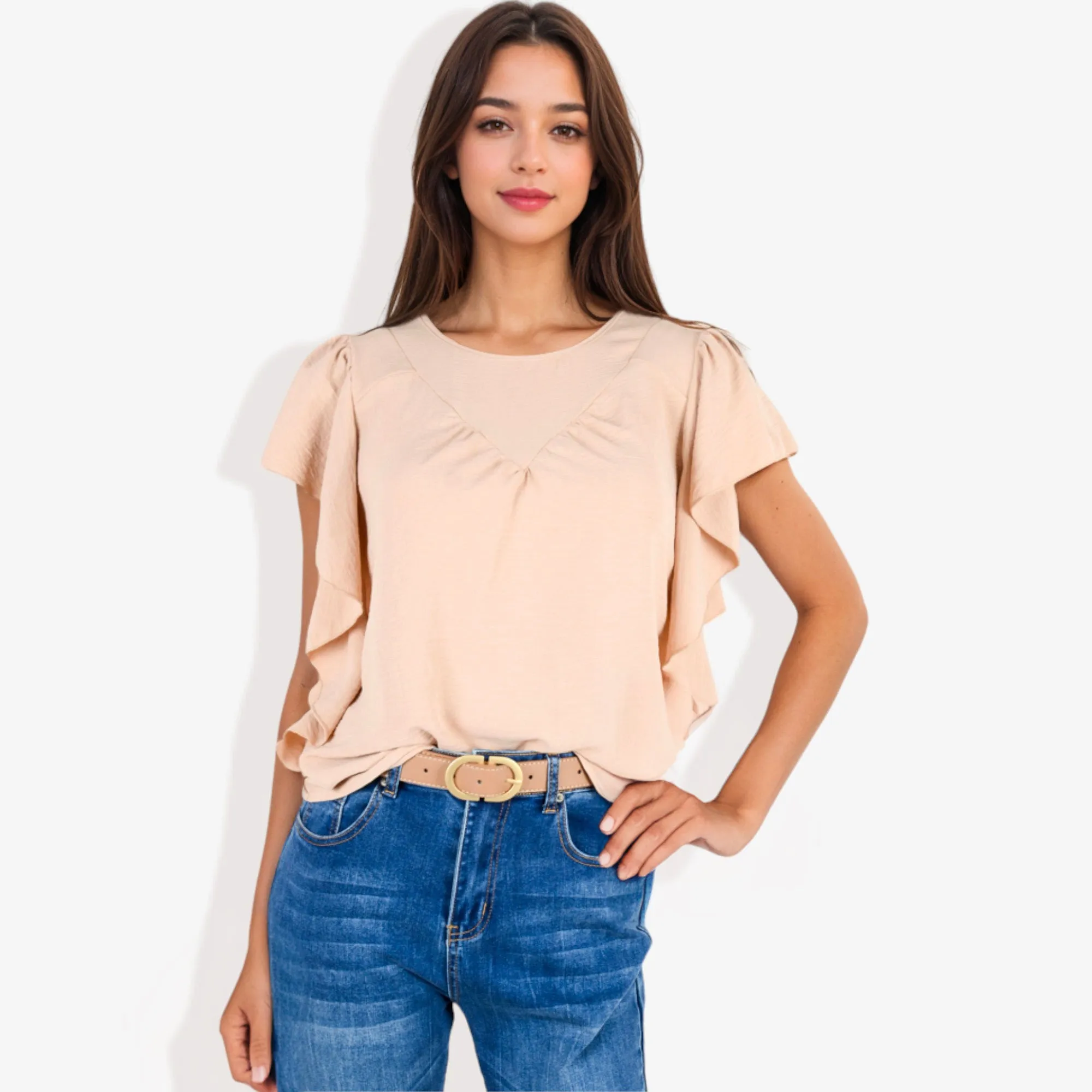 Women's Short Sleeve Pleated Front Blouse with Ruffle Sleeves sold by Anna-Kaci product image thumbnail 2