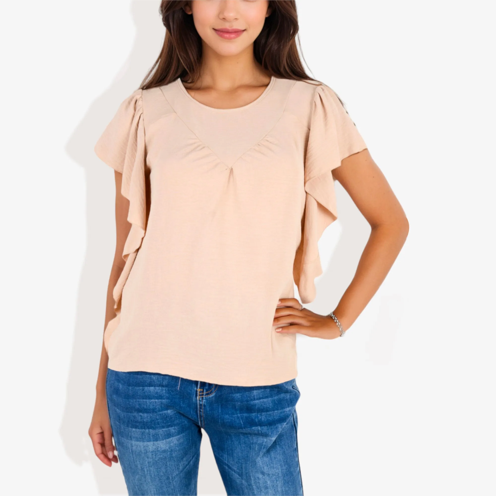 Women's Short Sleeve Pleated Front Blouse with Ruffle Sleeves sold by Anna-Kaci product image thumbnail 3