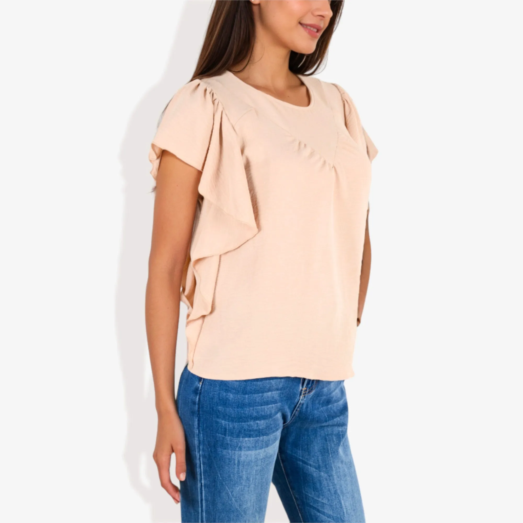 Women's Short Sleeve Pleated Front Blouse with Ruffle Sleeves sold by Anna-Kaci product image thumbnail 4