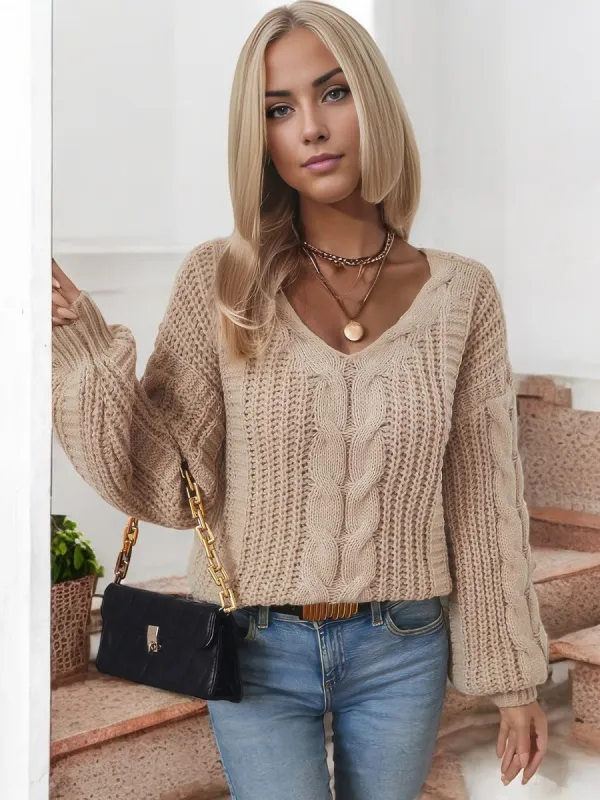 Anna-Kaci Women's Cable Knit V-Neck Sweater with Balloon Sleeves sold by Anna-Kaci