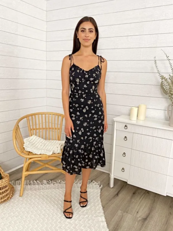 Black Floral String Tie Strap Midi Dress sold by Anna-Kaci