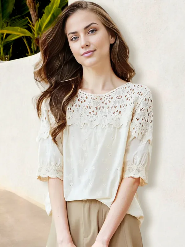 Anna-Kaci Women's Embroidered Lace Blouse with Scalloped Edge Sleeves sold by Anna-Kaci