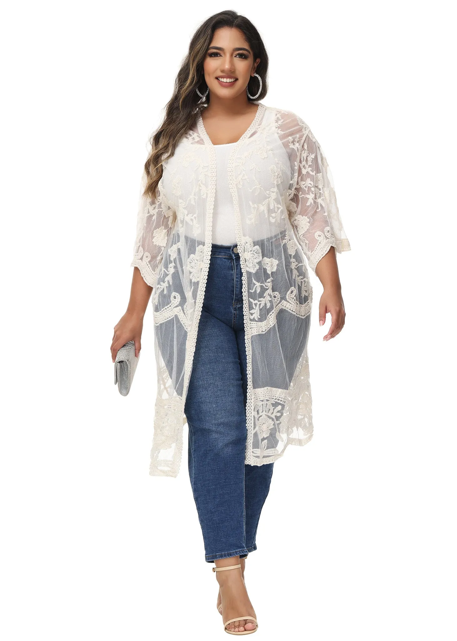 Anna-Kaci Women's Plus Size Lace Cardigan Open Front Floral Crochet Beach Swimsuit Cover Ups Long Kimono sold by Anna-Kaci product image thumbnail 4