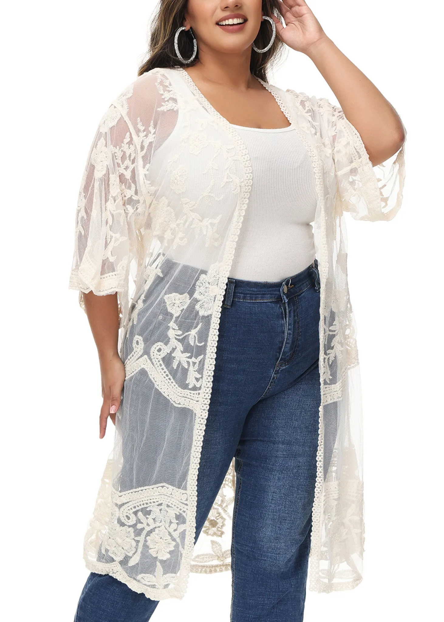 Anna-Kaci Women's Plus Size Lace Cardigan Open Front Floral Crochet Beach Swimsuit Cover Ups Long Kimono sold by Anna-Kaci