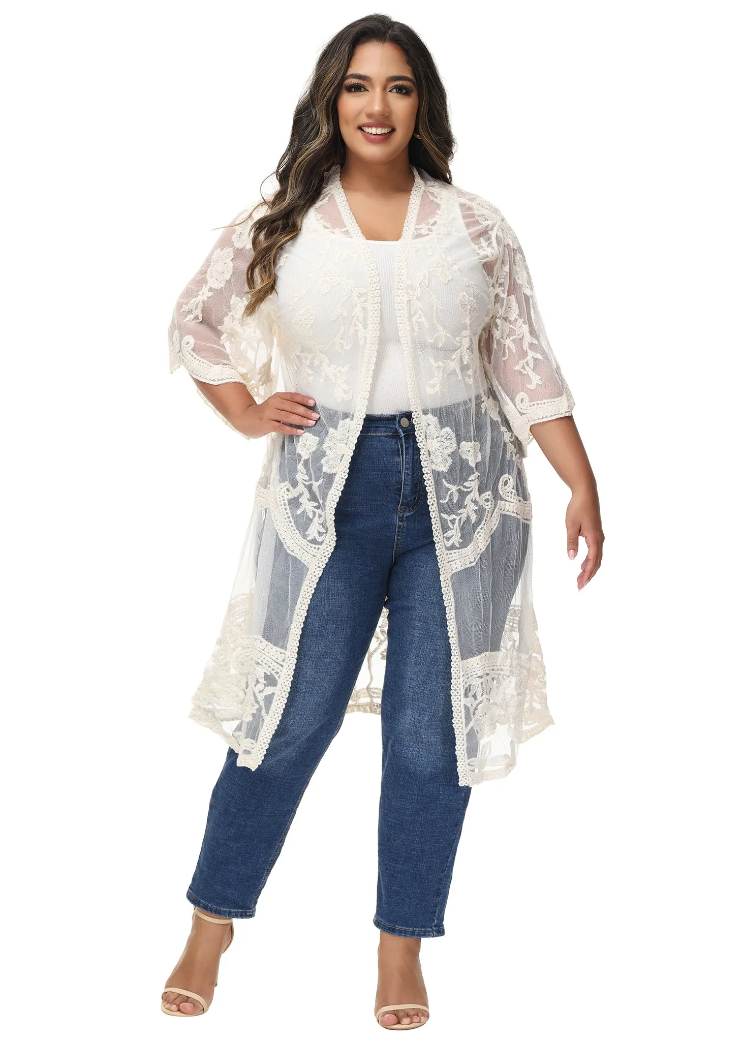 Anna-Kaci Women's Plus Size Lace Cardigan Open Front Floral Crochet Beach Swimsuit Cover Ups Long Kimono sold by Anna-Kaci product image thumbnail 5