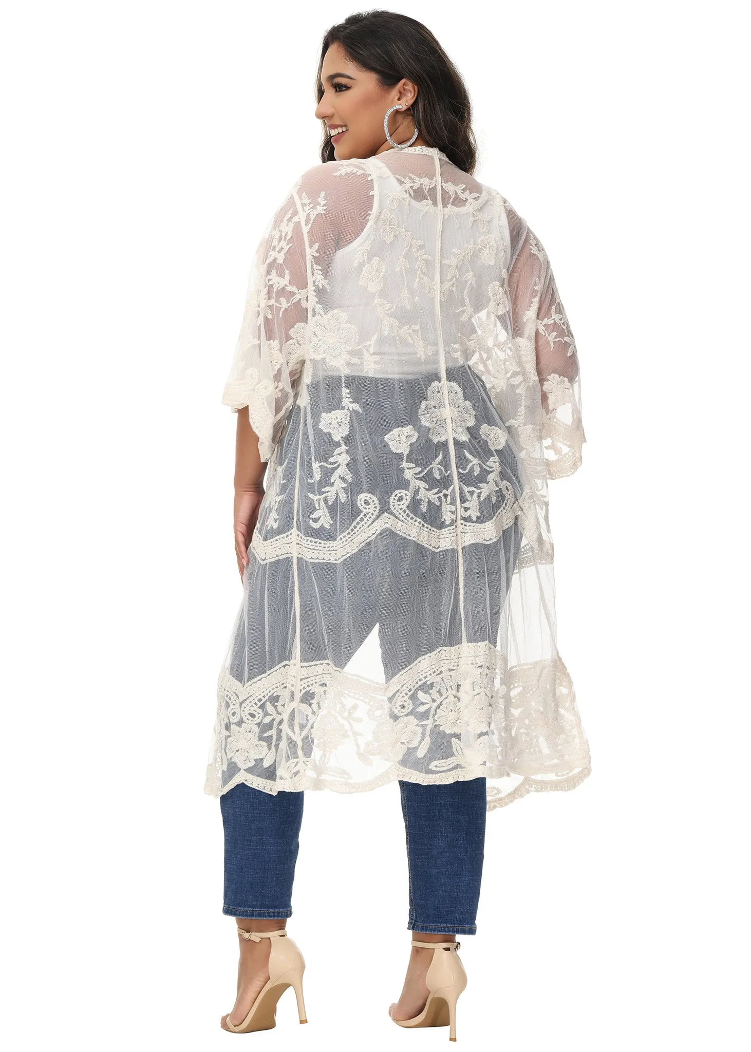 Anna-Kaci Women's Plus Size Lace Cardigan Open Front Floral Crochet Beach Swimsuit Cover Ups Long Kimono sold by Anna-Kaci product image thumbnail 2