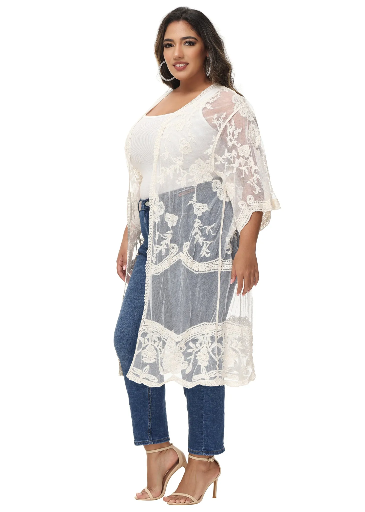 Anna-Kaci Women's Plus Size Lace Cardigan Open Front Floral Crochet Beach Swimsuit Cover Ups Long Kimono sold by Anna-Kaci product image thumbnail 3