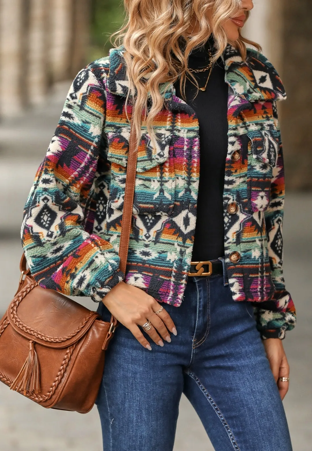 Multicolor Aztec Print Collared Jacket sold by Anna-Kaci product image thumbnail 3