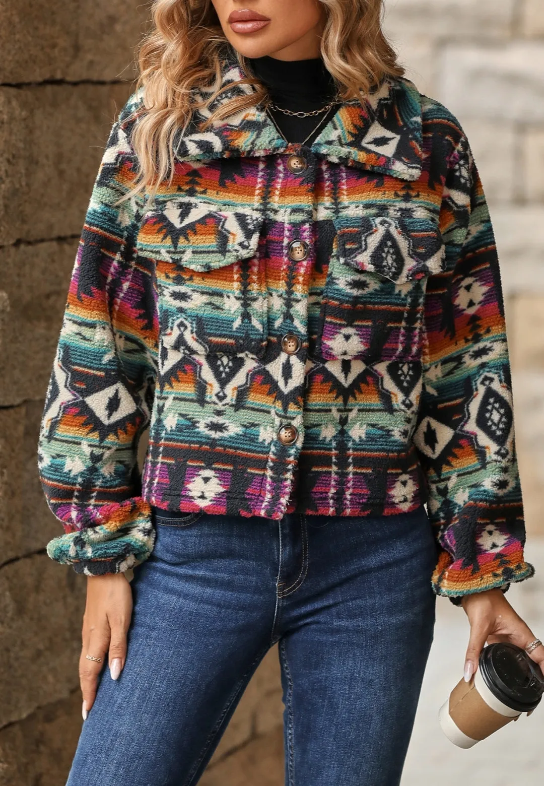 Multicolor Aztec Print Collared Jacket sold by Anna-Kaci product image thumbnail 4
