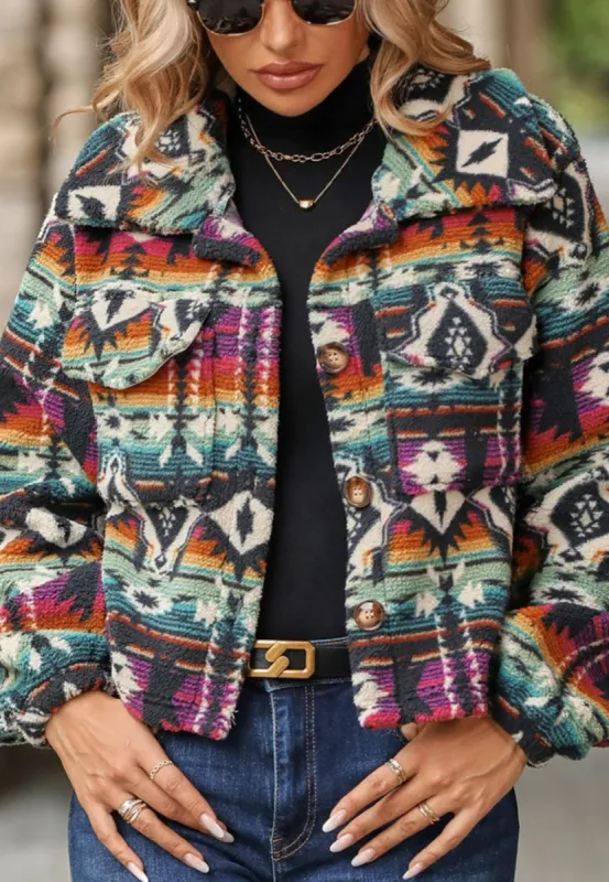Multicolor Aztec Print Collared Jacket sold by Anna-Kaci