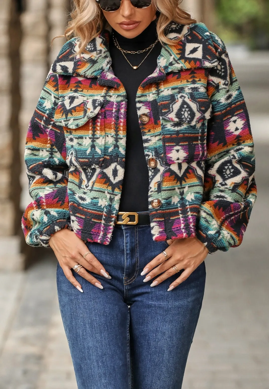 Multicolor Aztec Print Collared Jacket sold by Anna-Kaci product image thumbnail 2