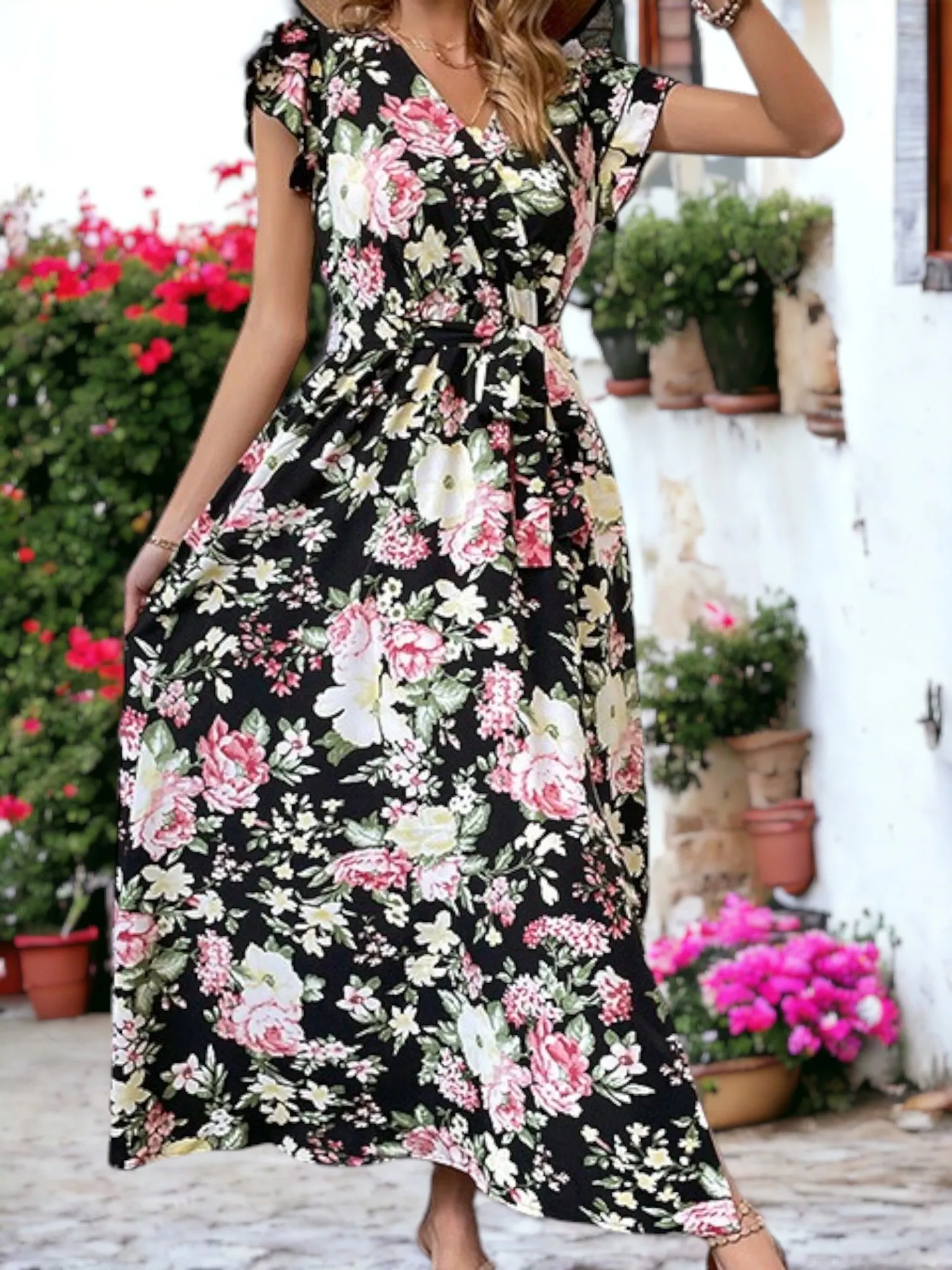 Floral Print V-Neck Cuffed Sleeve Maxi Slit Dress sold by Anna-Kaci product image thumbnail 3