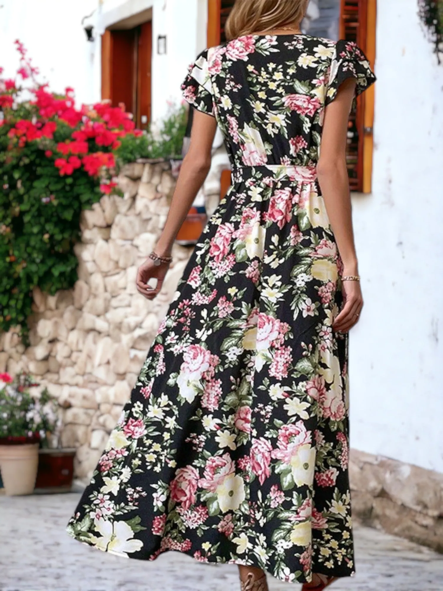 Floral Print V-Neck Cuffed Sleeve Maxi Slit Dress sold by Anna-Kaci product image thumbnail 5