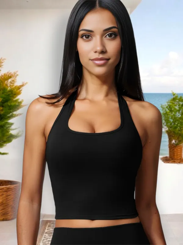 Women's Halter Neck Crop Top with Racerback Design and Stretch Fit sold by Anna-Kaci