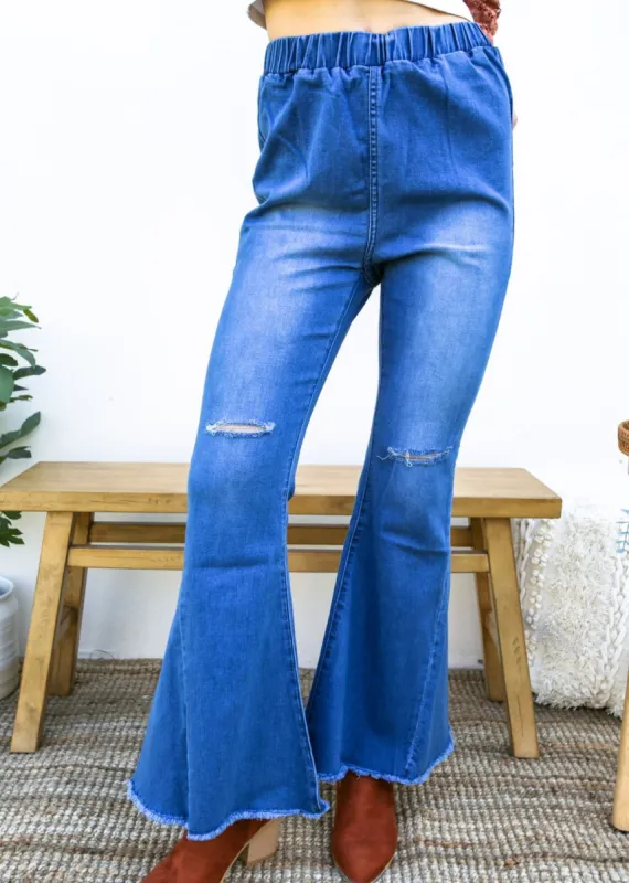 Elastic Waist Distressed Flared Long Bell Bottom Denim Jeans sold by Anna-Kaci