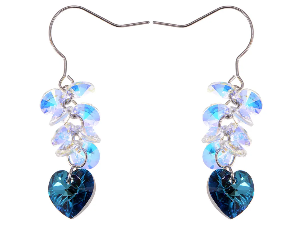 Swarovski Crystal Element Silver Blue Heart Aurora Borealis Colored Cluster Dangle Earrings made by Anna-Kaci