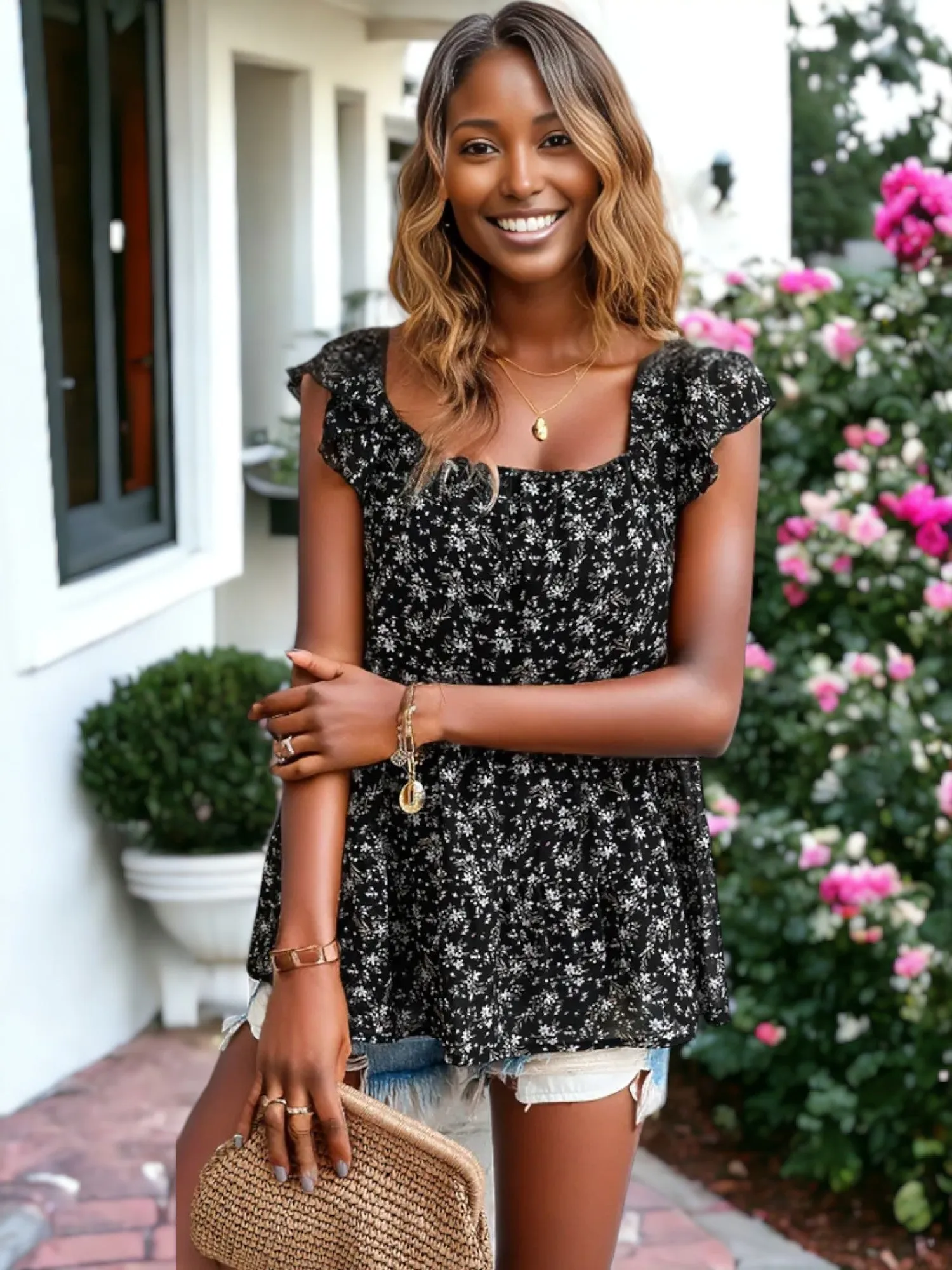 Square Neck Ruffle Cap Sleeve Flower Printed Blouse sold by Anna-Kaci product image thumbnail 4