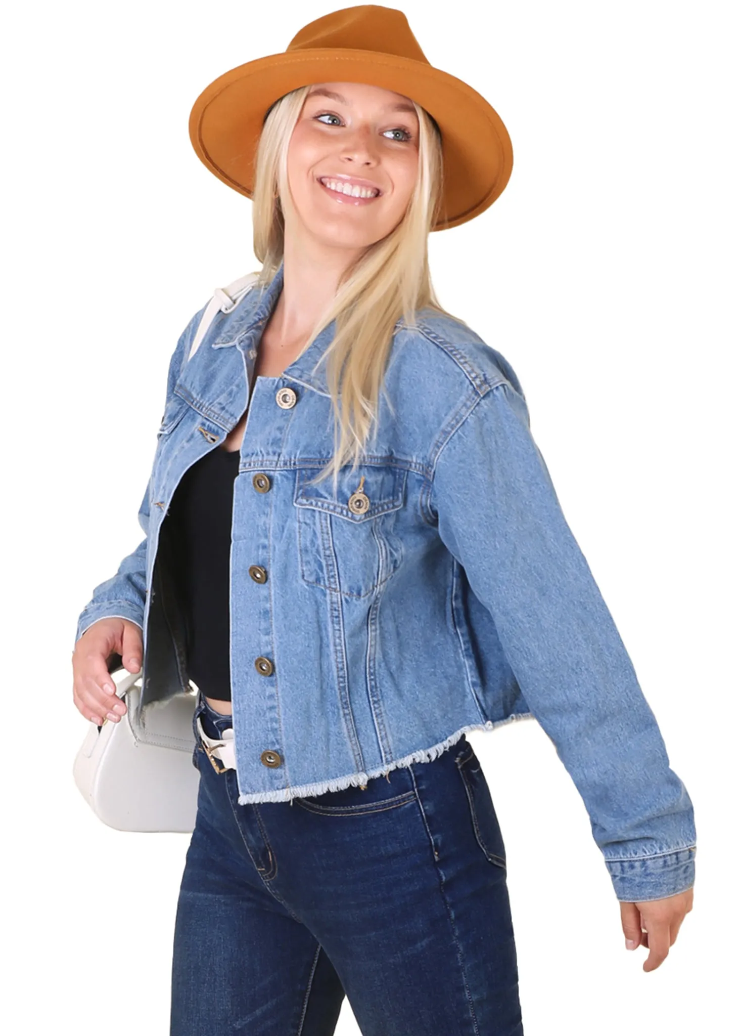Cropped Raw Hem Denim Jacket with Pockets sold by Anna-Kaci product image thumbnail 4