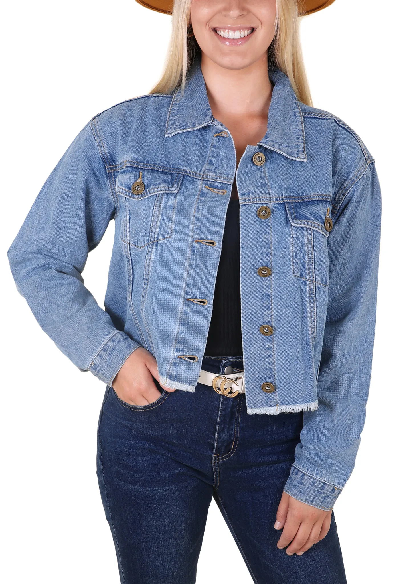 Cropped Raw Hem Denim Jacket with Pockets sold by Anna-Kaci
