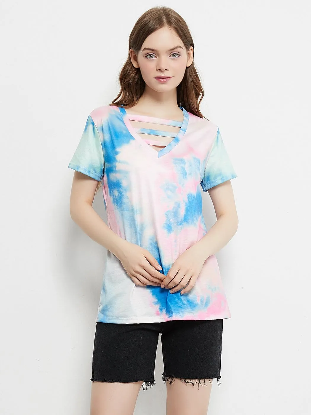 Tie Dye Printed Stripe V-Neck Stretch Short Sleeve Casual Loose Tops T-shirts sold by Anna-Kaci product image thumbnail 4
