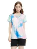 Tie Dye Printed Stripe V-Neck Stretch Short Sleeve Casual Loose Tops T-shirts sold by Anna-Kaci