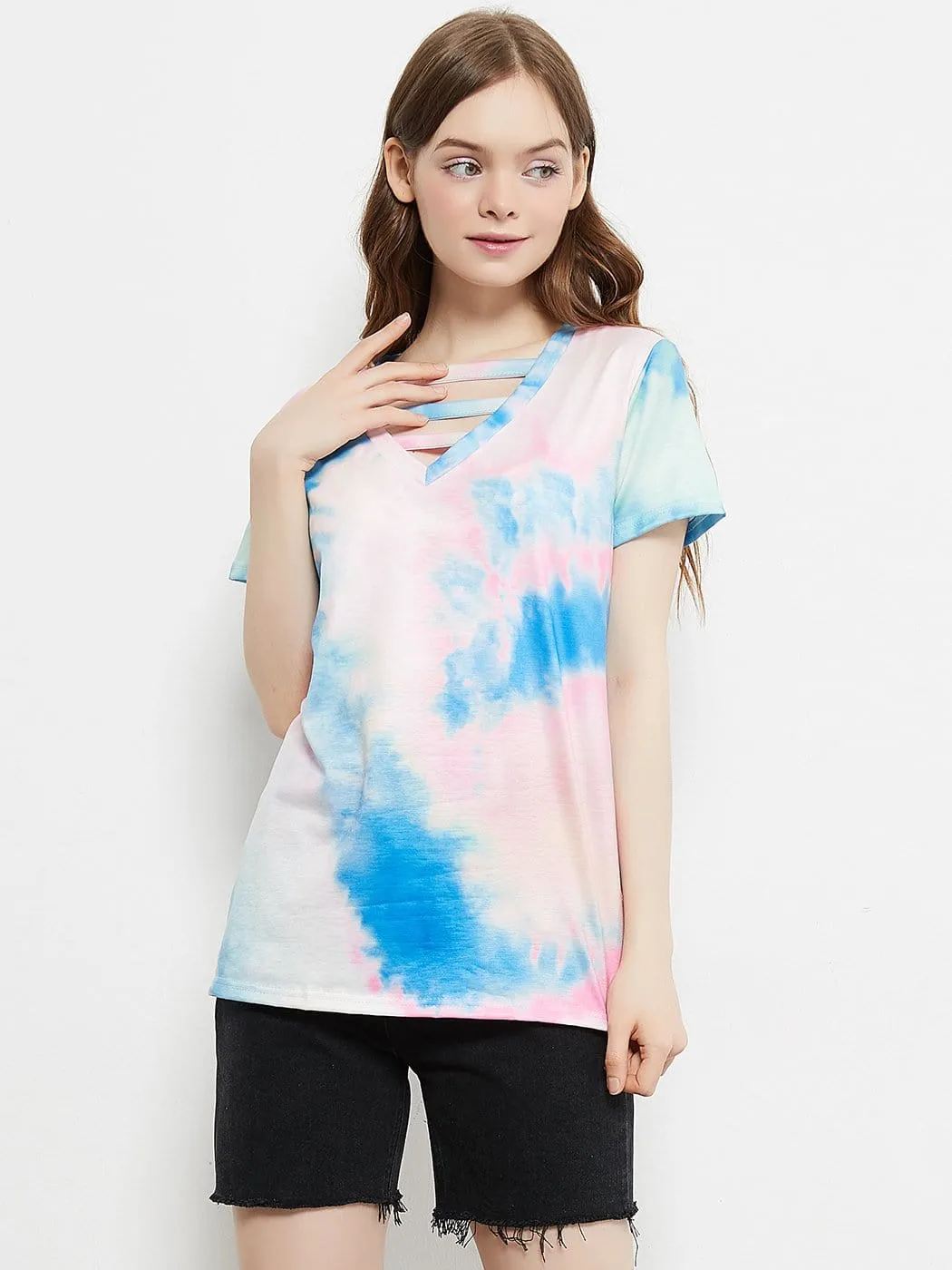 Tie Dye Printed Stripe V-Neck Stretch Short Sleeve Casual Loose Tops T-shirts sold by Anna-Kaci product image thumbnail 5