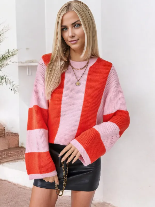 Anna-Kaci Women's Bold Striped Knit Sweater with Wide Sleeves and Crew Neck sold by Anna-Kaci