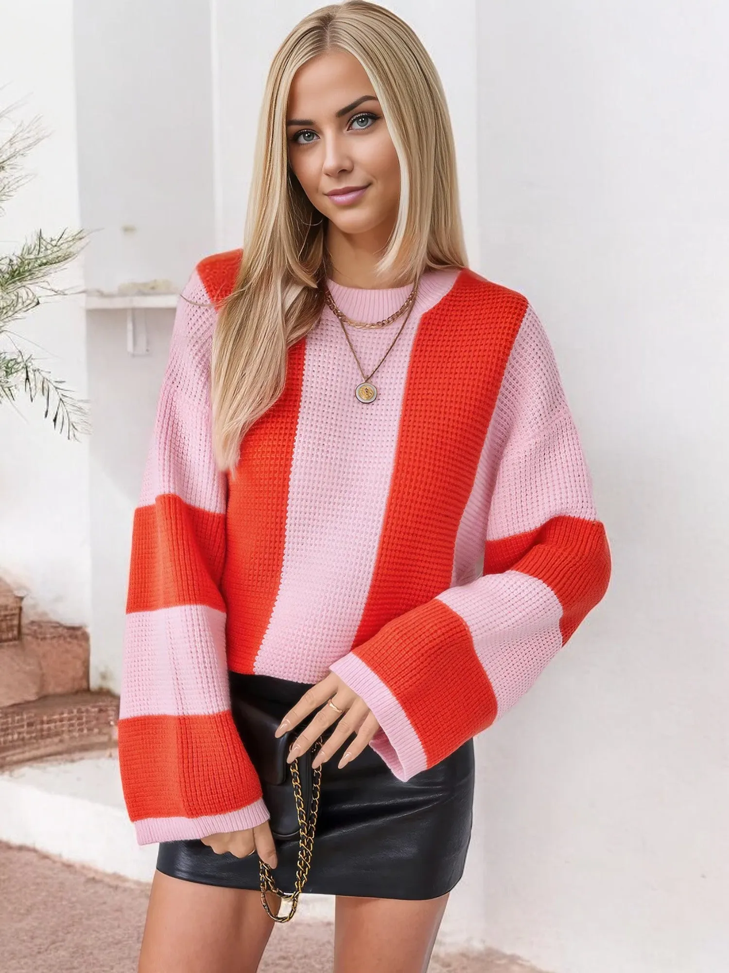 Anna-Kaci Women's Bold Striped Knit Sweater with Wide Sleeves and Crew Neck sold by Anna-Kaci