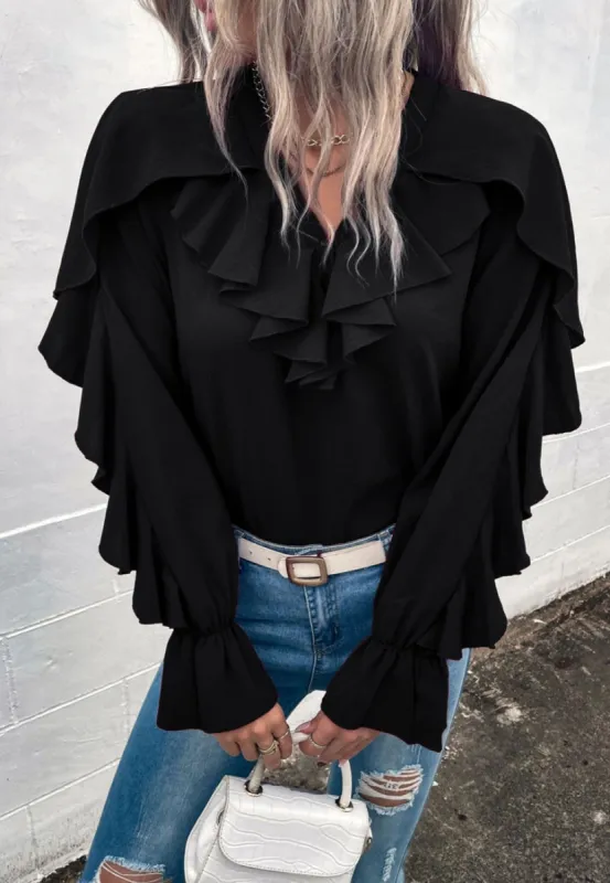 V Neck Ruffle Detail Vintage Blouse sold by Anna-Kaci