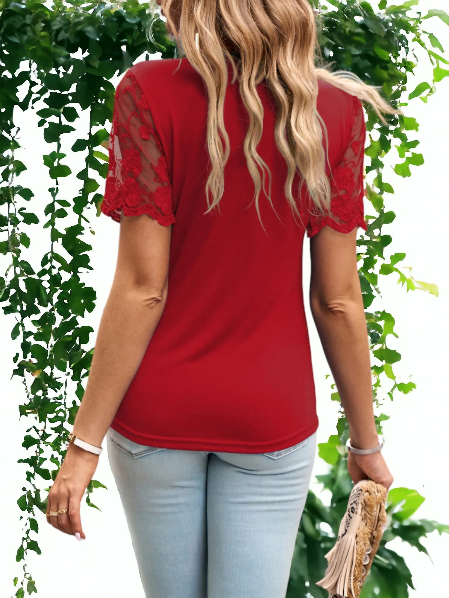 Lace Detailed Short Sleeved Crew Neck T-Shirt sold by Anna-Kaci product image thumbnail 4