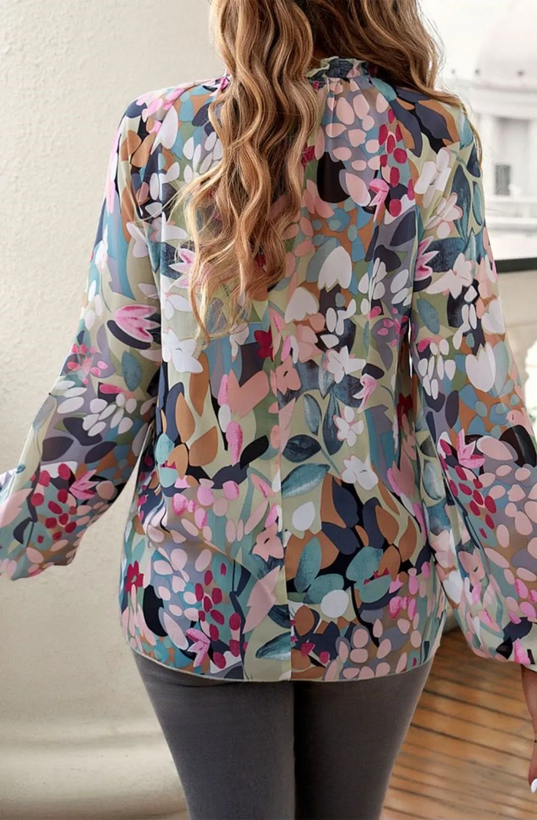 Abstract Floral Print Ruffle Neck Blouse sold by Anna-Kaci product image thumbnail 5
