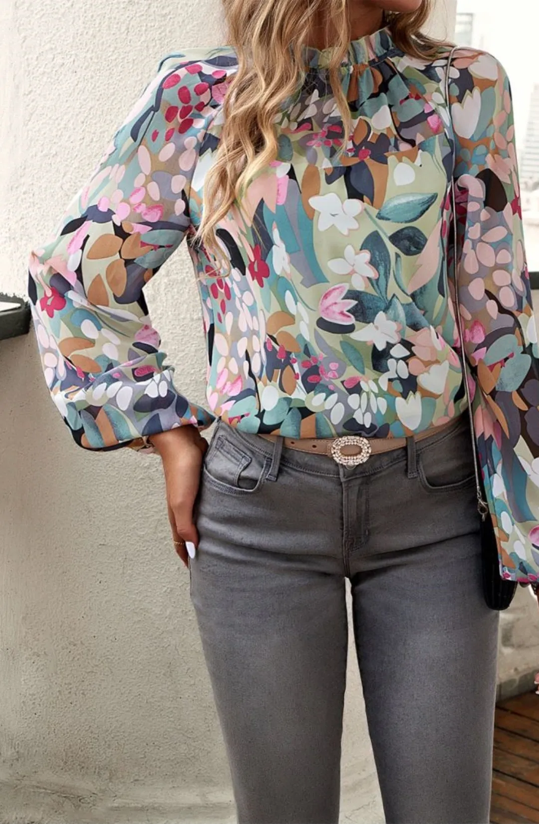 Abstract Floral Print Ruffle Neck Blouse sold by Anna-Kaci product image thumbnail 3