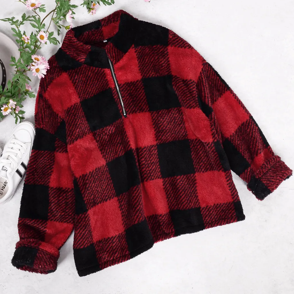 Buffalo Plaid Fluffy Quarter Zip sold by Anna-Kaci product image thumbnail 5