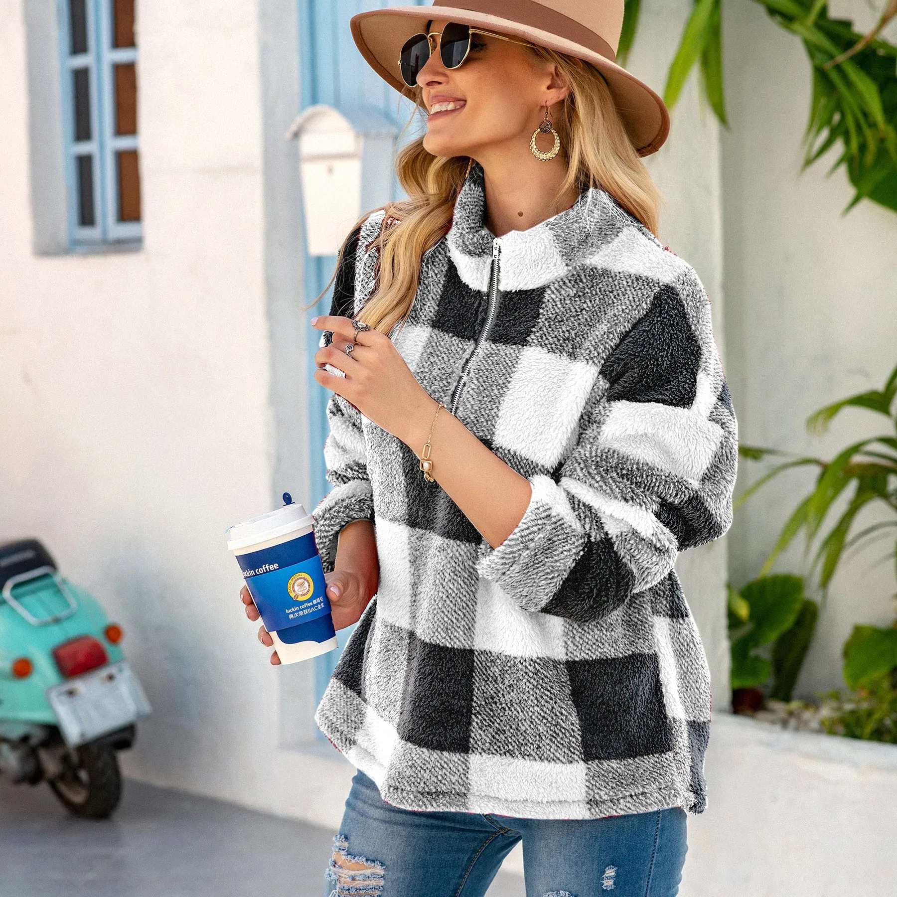 Buffalo Plaid Fluffy Quarter Zip sold by Anna-Kaci