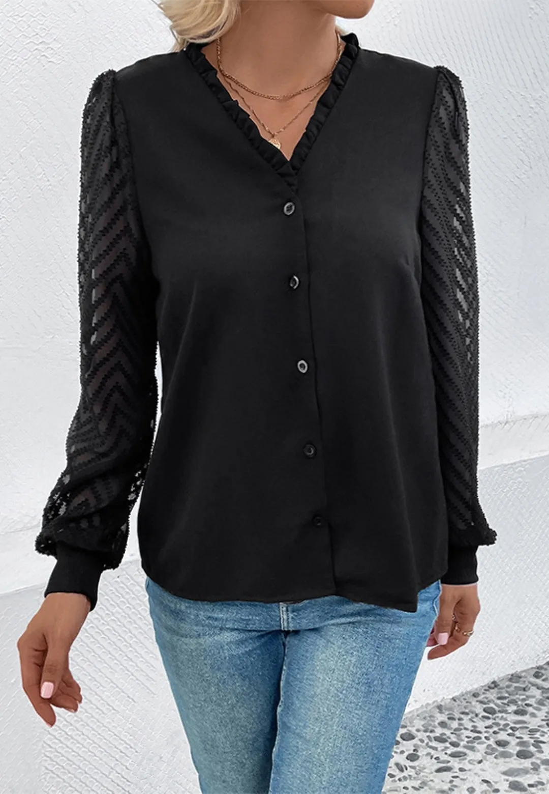 Chevron Sheer Long Sleeve Blouse sold by Anna-Kaci product image thumbnail 2