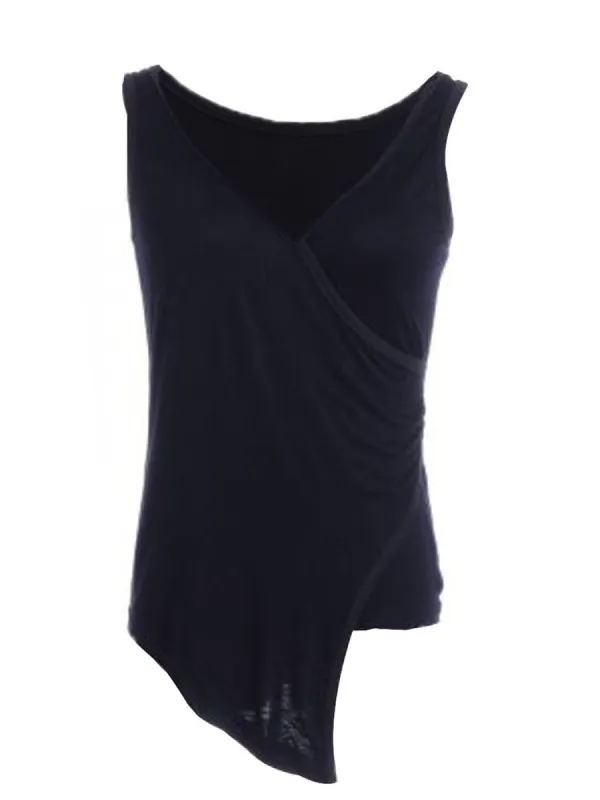 S/M Fit Black Uneven Hem V-Neckline Wrap Pointed Long Front Tank Top sold by Anna-Kaci