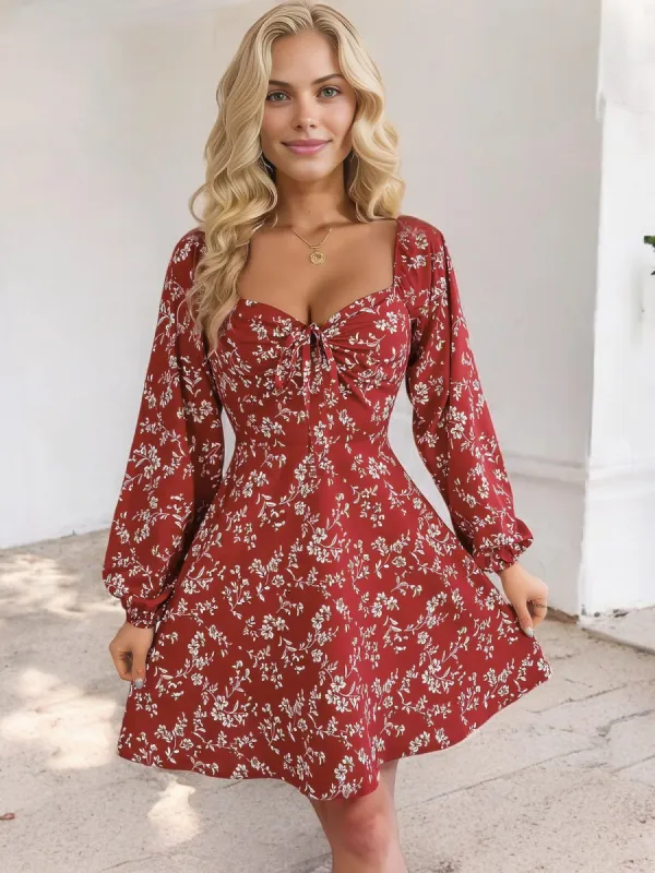 Anna-Kaci Women's Floral Long Sleeve Dress with Sweetheart Neckline and Tie Detail sold by Anna-Kaci