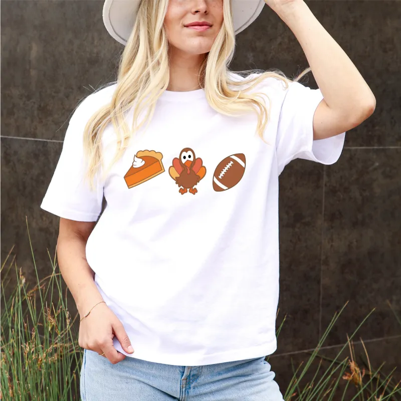 Thanksgiving Game Day Cartoon Tee - Pumpkin Pie, Turkey, Football Fun, Retro Fall Top, Fall Shirt, Game Day, Football, Party sold by Anna-Kaci